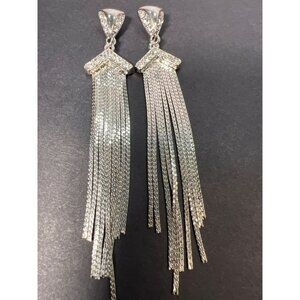Rhinestone Chain Tassel Drop Earrings Pierced 4" Long Articulated Holidays Party